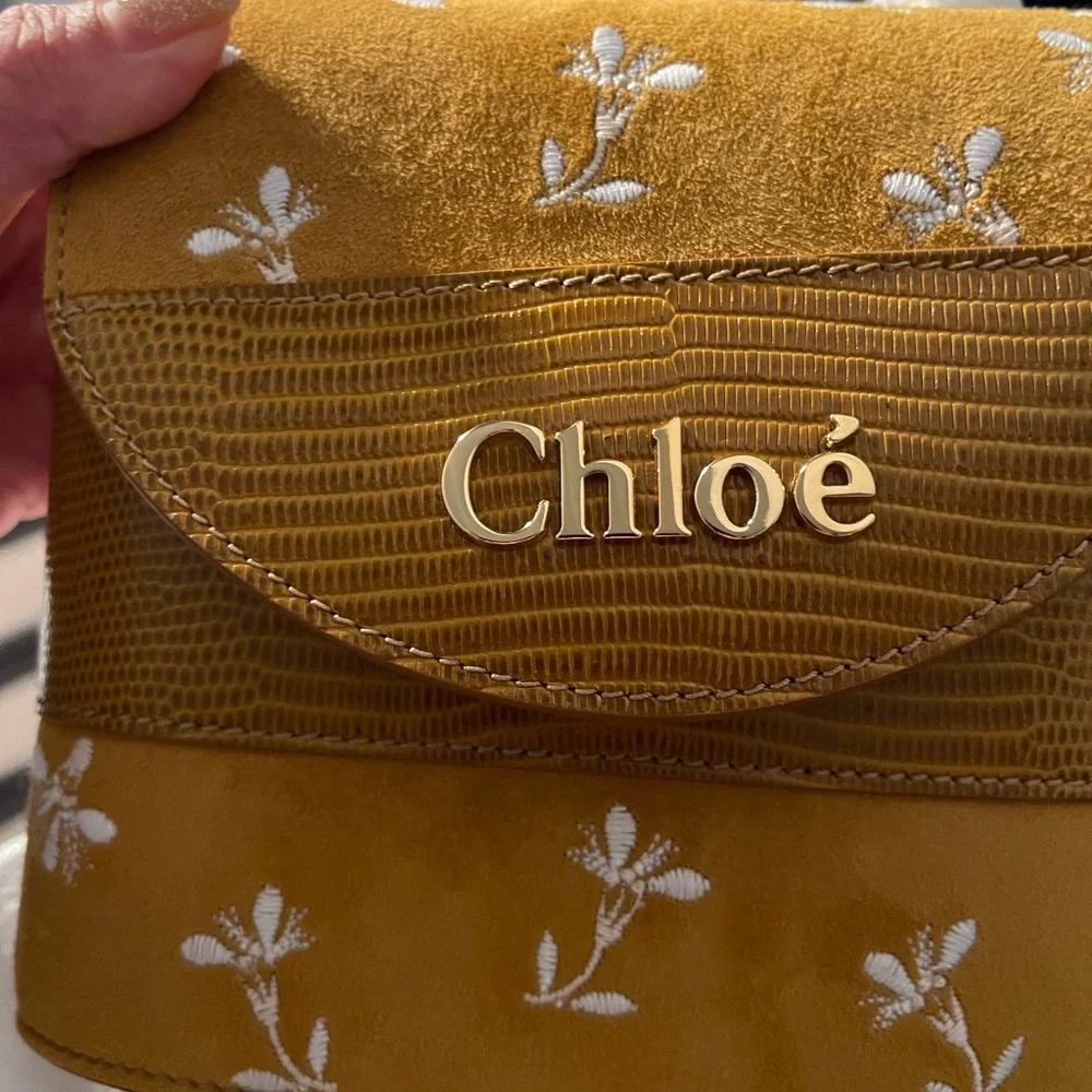 CHLOÉ Aby Lock Small Lizard-effect Leather-trimmed Embroidered Suede Bag - Picture 14 of 16